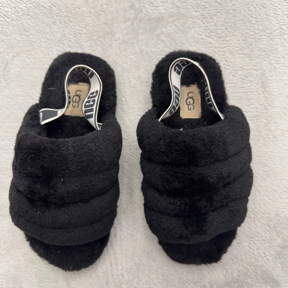 UGG Slides Kids Size 1 Black Fluff Yeah Slipper Elastic Strap